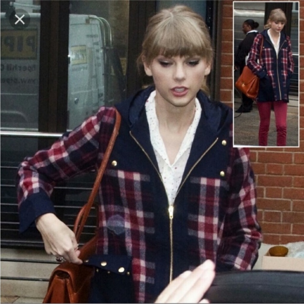 Anthropologie Madchen Red Blue Plaid Wool Hooded Coat Jacket Small - Tay Swift